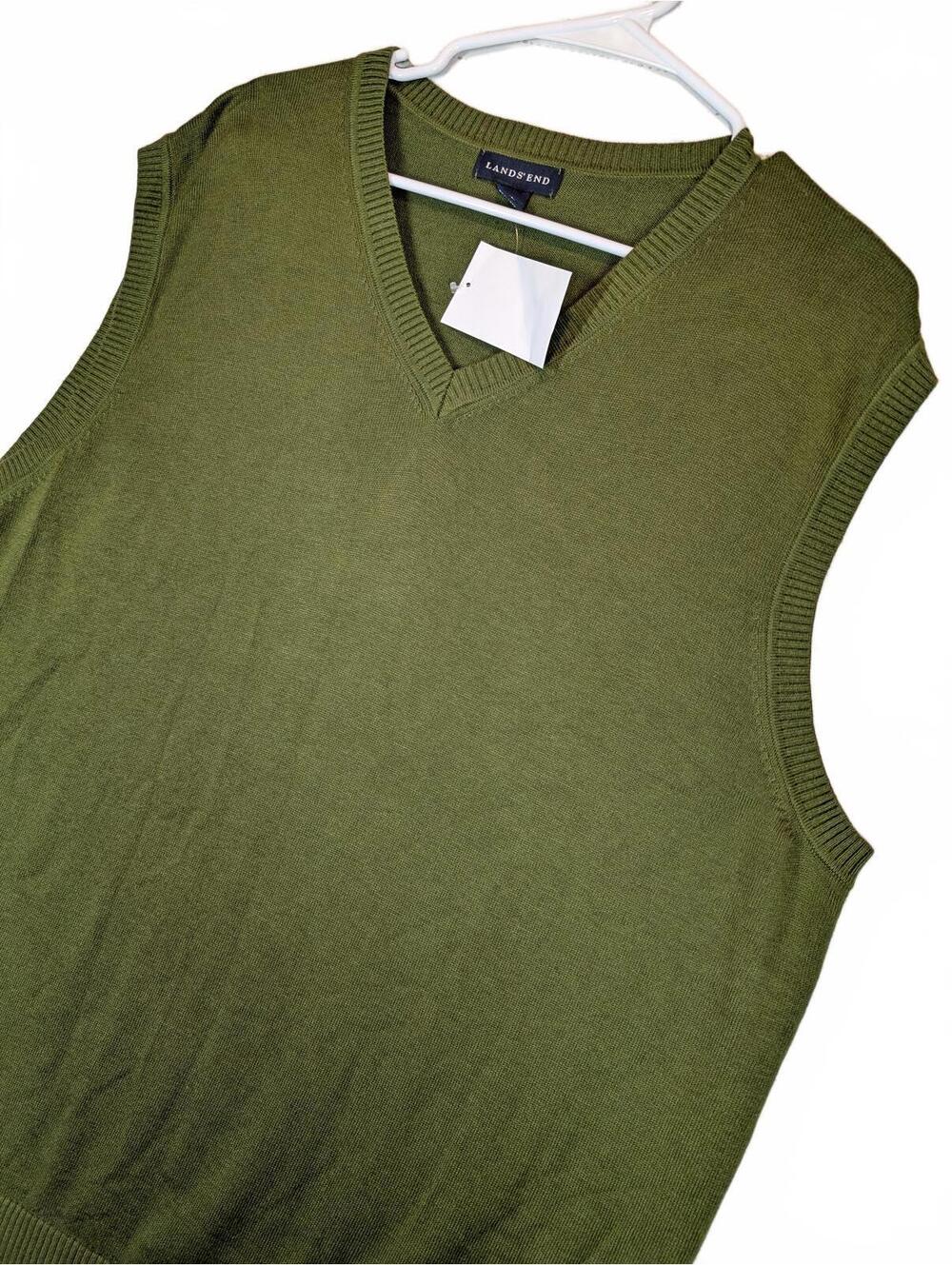 Lands End Sweater Vest V Neck Knit Pullover Casual Mens XL Green Cotton NWT